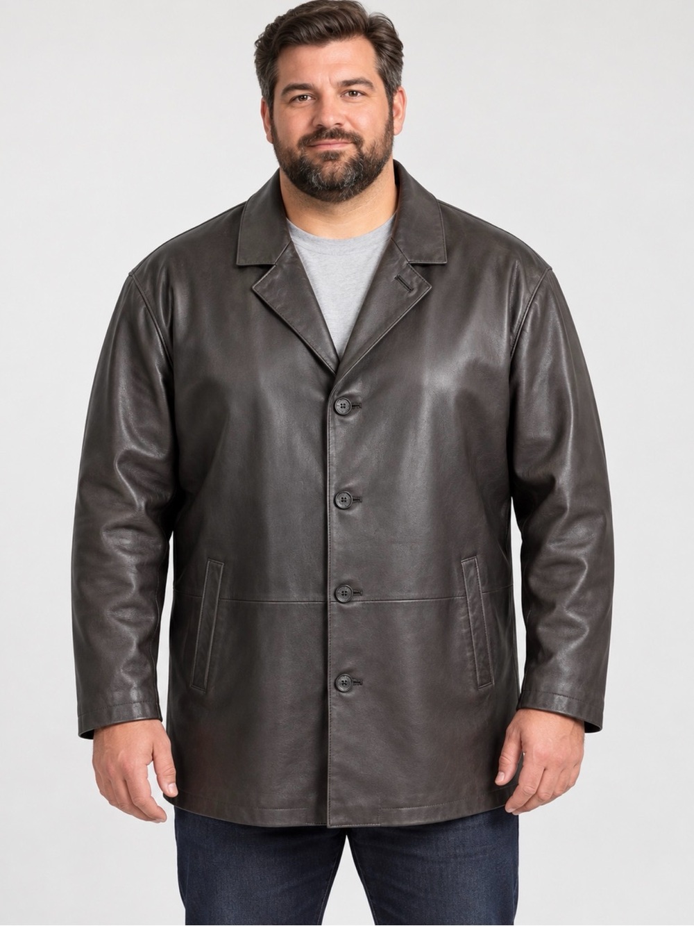 Men's Black Leather Button-Front Coat
